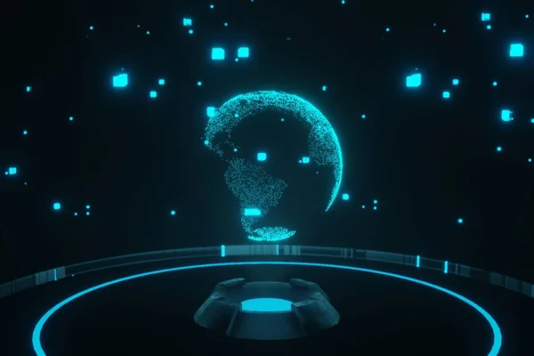 アブストラクト未来ブルーホログラム地球球体宇宙船背景3Dレンダリング — ストック写真