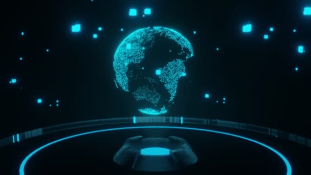Abstrakt Framtidig Blue Hologram Jord Globe Romskip Gjengivelse – stockvideo