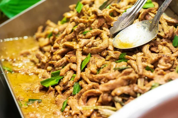 Nahaufnahme Von Knoblauch Gebratenem Schweinefleisch Hintergrund Thai Street Food Markt — Stockfoto