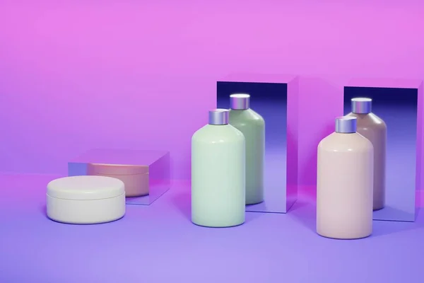 Set Leere Kosmetikverpackungen Pastellfarbener Hintergrund Darstellung — Stockfoto