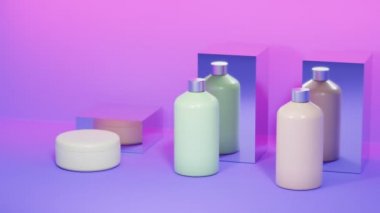 Boş kozmetik paketleme modelini ayarla, pastel arkaplan, 3d oluşturma