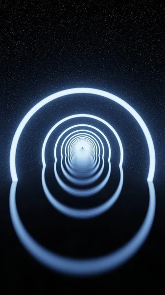 Abstract futuristic glowing Circles Neon light tunnel star space background vertical 3D renderin