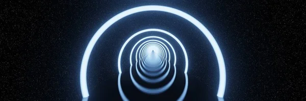 未来发光环霓虹灯隧道星空背景全景3D渲染 — 图库照片