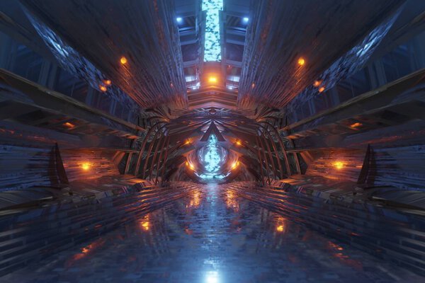 Sci Fi Future Fly Планета пришельцев Большой зал здания фоновой 3D рендеринга