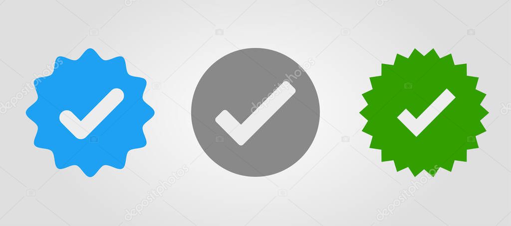 Set of verified icons. Tick in circle with zigzag. Check in star. Approval sign. Internet top rank stamp. Mark of most popular profile in web.