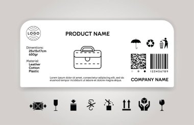 Ürün tarifi çıkartması. Eşya kimliği. Boyutlar ve malzeme tanımlayıcı. Kargo etiketi. Sevkiyat simgeleri. Paket marka tasviri. Endüstriyel tasarım tanımlaması. Vektör resimleme şablonu.