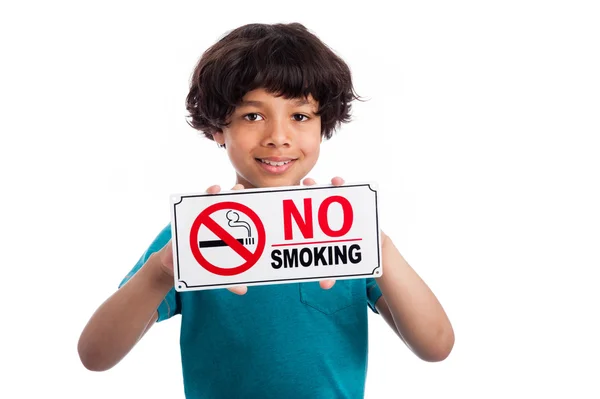 Cute Mixed Race Boy with No Smoking Sign. — Stock Photo, Image