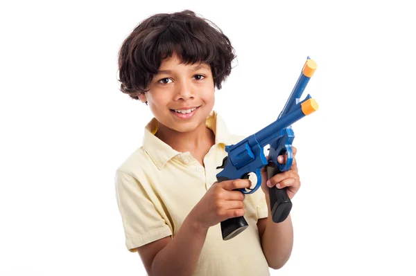 Beautiful Mixed Race Boy Playing with Toy Guns — Stock Photo, Image