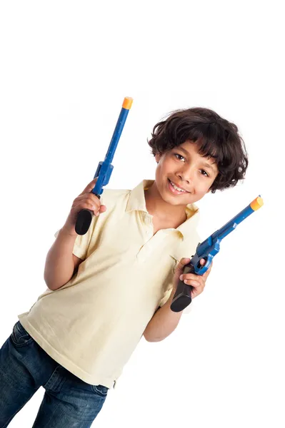 Beautiful Mixed Race Boy Playing with Toy Guns — Stock Photo, Image