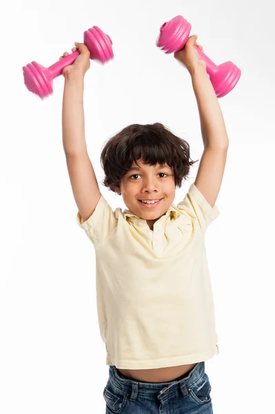 Cute MIxed Race Boy Lifting Weights — Stock Photo, Image