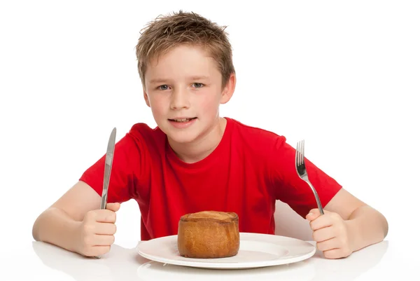 Handsome Young Boy Eating Pork Pie — Stock Photo, Image