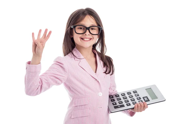 Linda chica joven con galses y calculadora . — Foto de Stock