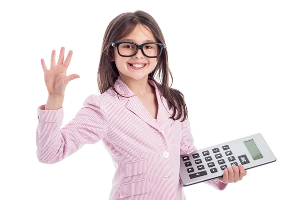 Menina bonito com Galsses e Calculadora . — Fotografia de Stock