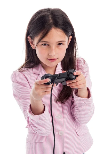 Serious Yound fille avec contrôleur de console de jeux . — Photo