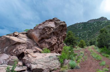 Gökyüzündeki kayalar, kayalar, dağlar ve ağaçlar Colorado dağlarında huzurlu bir manzara..