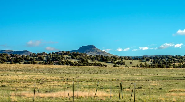 Serene Country Scene Featuring Fence Open Pasture Trees Distant Mountain — Stock Photo, Image