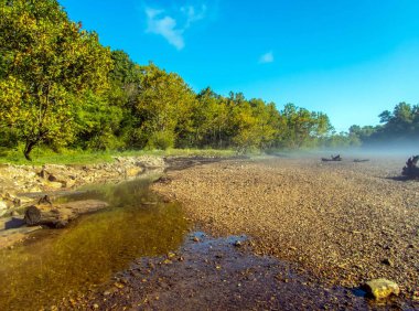 Arkansas nehri boyunca sisli, serin bir sabahta sakin sakin bir manzara. Suyun üzerinde sisli yeşil ağaçlar ve mavi gökyüzü sakin bir manzara yaratır..