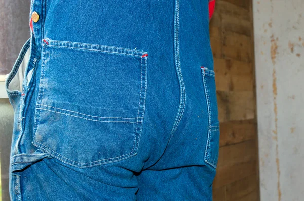 Man Butt Looks Rather Sexy Casual Blue Denim Overalls Bokeh — Fotografia de Stock