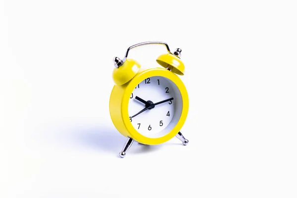 Isolate, yellow alarm clock on white background, close-up — Stock Photo, Image