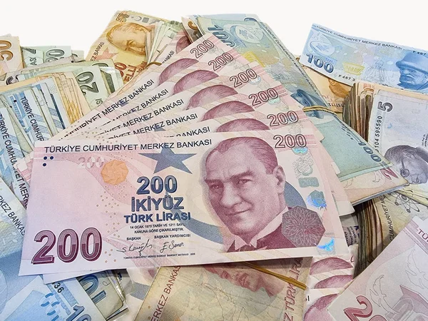 Török Pénzkötegelt Bankjegyek 200 100 Próbát Megér Lapos Stílus Fehér — Stock Fotó