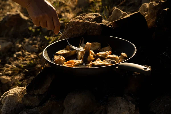 Frying Fish Oil Pan Camp — Stockfoto