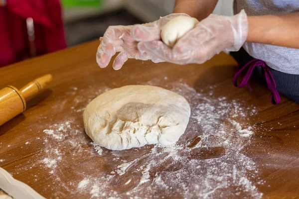 Hands Woman Making Dough Plastic Gloves Table Turkey — Stock Photo, Image