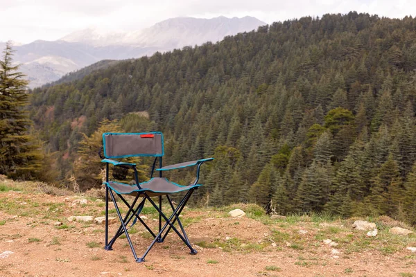Empty camping chair with cedar forest view.