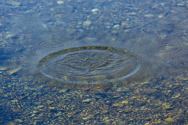 Round droplets of water over circles on the pool water. Water drop, whirl and splash. Ripples on sea texture pattern background. Desktop / laptop wallpaper. Closeup water rings affect the surface.