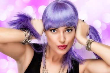 Beauty Joyful Girl. Stylish Purple Hair clipart