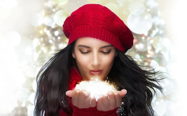 Christmas Girl Blowing Snow — Stock Photo, Image