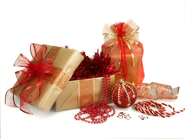 Christmas Gifts and Decorations in Gold and Red — Stock Photo, Image