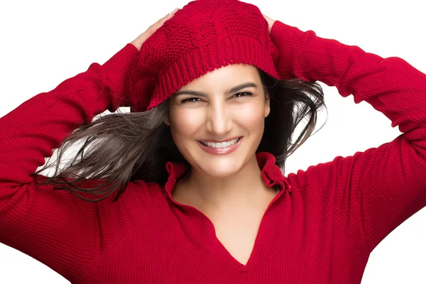 Boldogság. örömteli téli lány piros. szép mosoly — Stock Fotó