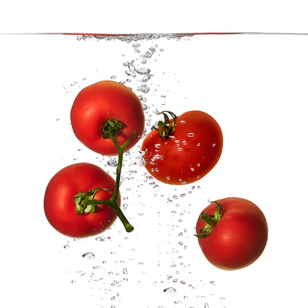 Tomates rojos frescos en agua aislados sobre fondo blanco — Foto de Stock