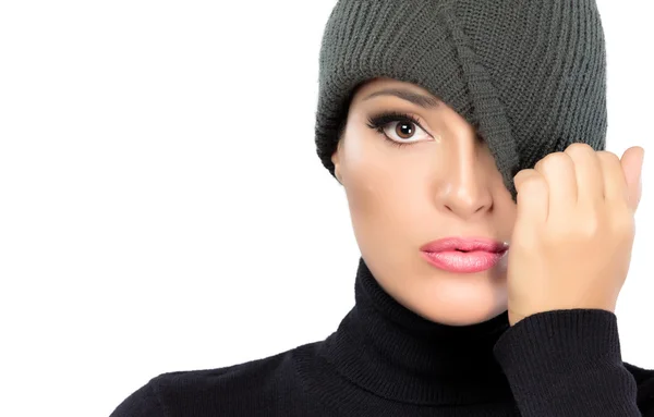 Beautiful Winter Girl Hiding Eye with Cap. Spy — Stock Photo, Image