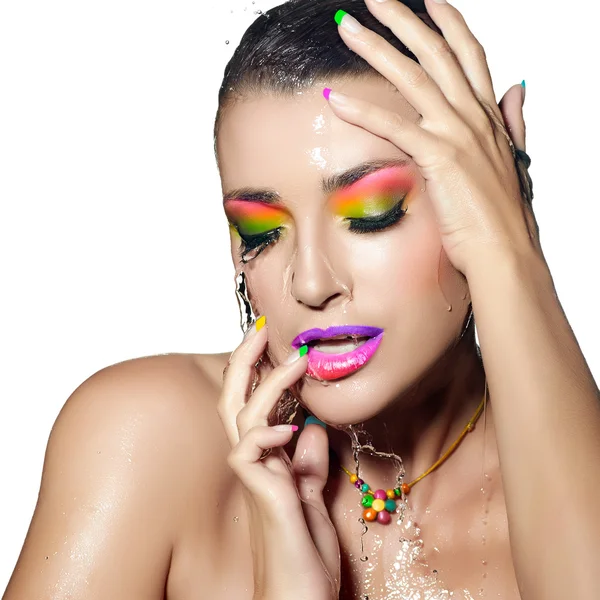 Fashion Girl Portrait. Colorful wet Makeup. Beauty and Fashion — Stock Photo, Image