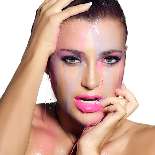 Fluor Makeup Explosion. Colorful Beauty and Fashion under flowin — Stock Photo, Image