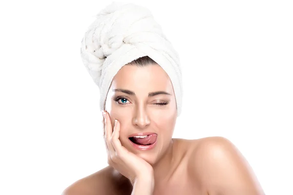 Beautiful Girl in Towel Winking with Funny Expression. Spa Woman — Stock Photo, Image