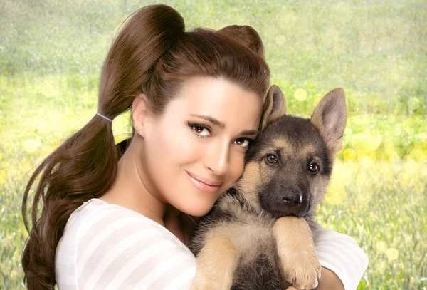 Happy Young Woman with a Puppy Dog — Stock Photo, Image