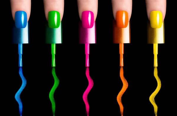 Nail Polish in Fluor Rainbow Colors — Stock Photo, Image