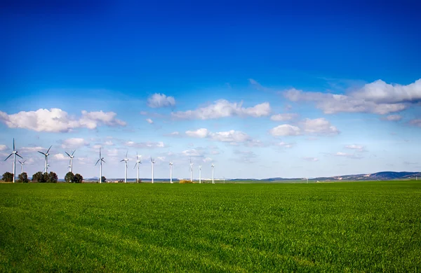 Větrné elektrárny na zelené louce. ekologické zdroje — Stock fotografie