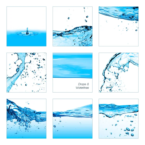Conjunto de gotas y líneas de agua. Agua dulce saludable — Foto de Stock