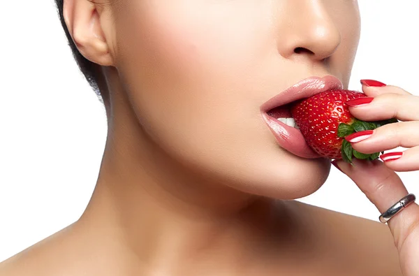 Sweet Bite. Healthy Mouth Biting Strawberry — Stock Photo, Image