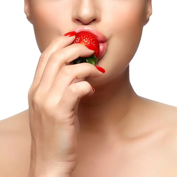 Sweet Bite. Healthy Mouth Biting Strawberry — Stock Photo, Image