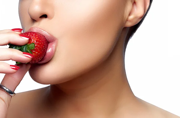 Sweet Bite. Healthy Mouth Biting Strawberry — Stock Photo, Image