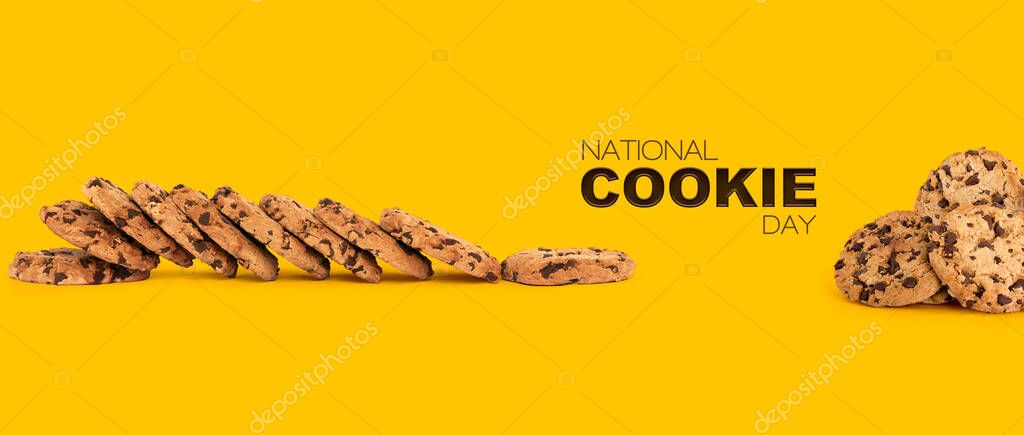 Cookie Day Banner with Lots of Baked Crunchy Homemade Chocolate Cookies on a yellow background