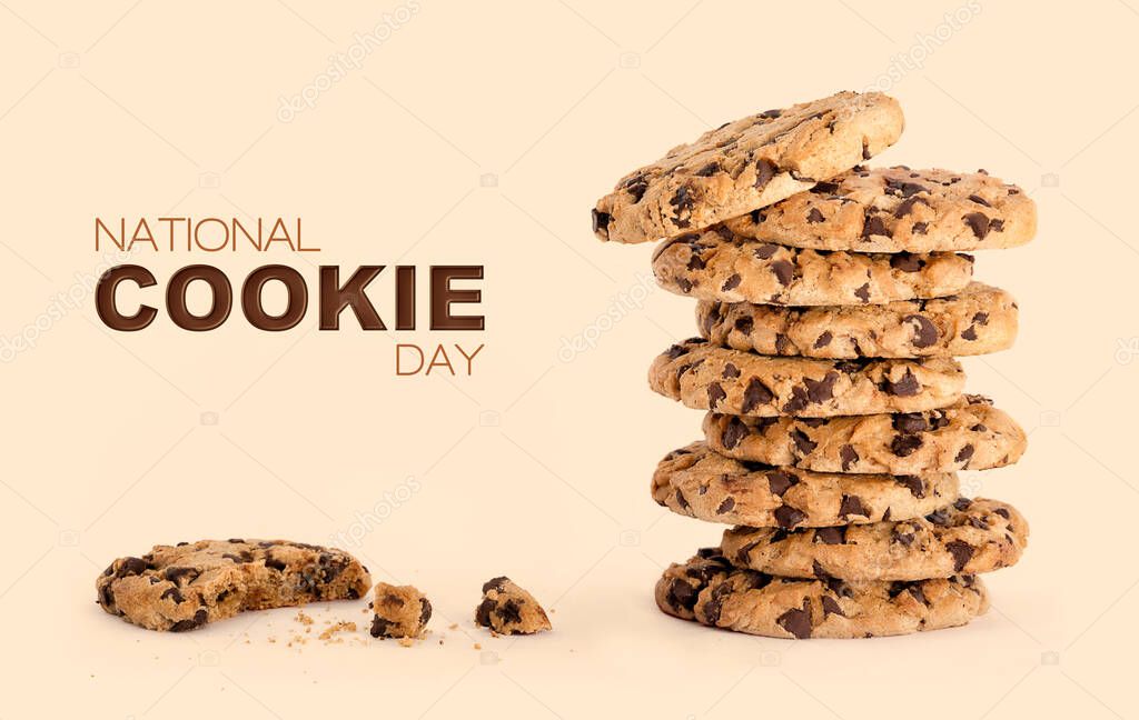 National Cookie Day poster with yummy freshly chocolate chip cookies over beige background