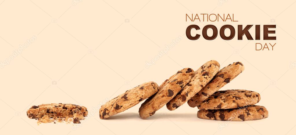 Cookie Day banner with a lot of delicious chocolate chip cookies on a creamy color background