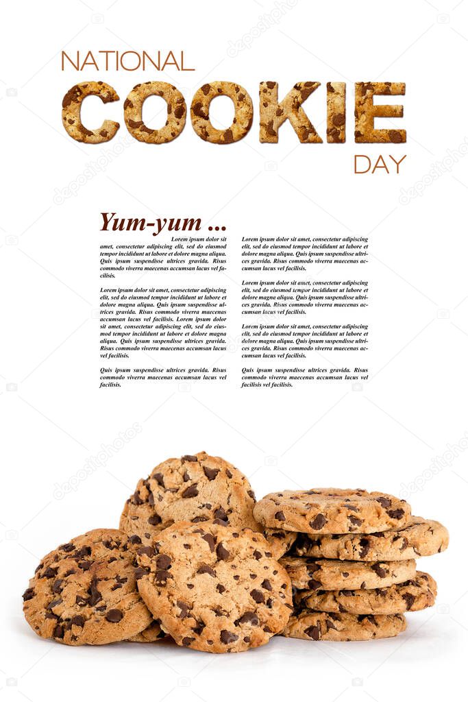 National Cookie Day poster or sign template with scrumptious chocolate chip biscuits and text of a matching texture above copy space for your advertising