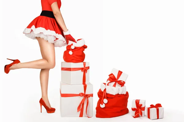 Sexigt Julkort Ung Kvinna Med Långa Ben Röda Klackar Och — Stockfoto