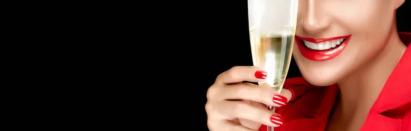 Beautiful Young Woman Beautiful Big Smile Glass Champagne Red Lips — Stock Photo, Image